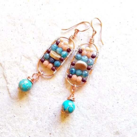 Gorgeous & One-of-a-kind Dangle Earrings! Upscale Boho City Chic! Teal & Cream - Picture 6 of 7